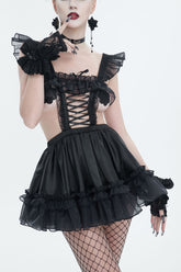 Robe de femme de chambre gothique sexy extensible avec volants transparents noirs brillants